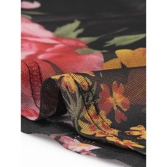 Ruched Bodycon Floral Mesh Sleeveless Ruffle Hem Cami Dresses Black - Picture 5 of 6